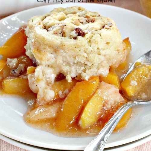 Peach Cobbler with Praline Filling | Can't Stay Out of the Kitchen | this luscious #peach #cobbler has #praline pie crust rolls on top. Absolutely divine! Perfect #dessert for summer.