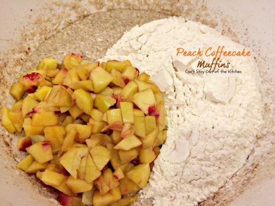 Peach Coffeecake Muffins | Can't Stay Out of the Kitchen | fabulous #breakfast #muffins are filled with #peaches and have a nutty streusel topping that's fantastic!
