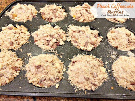 Peach Coffeecake Muffins | Can't Stay Out of the Kitchen | fabulous #breakfast #muffins are filled with #peaches and have a nutty streusel topping that's fantastic!