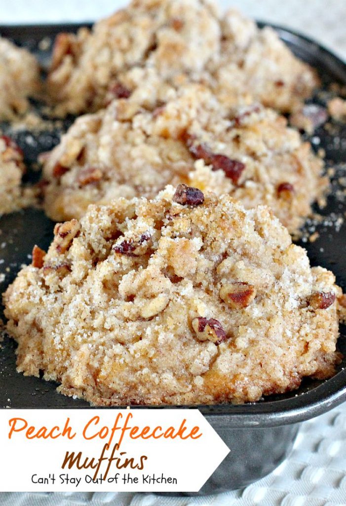 Peach Coffeecake Muffins | Can't Stay Out of the Kitchen | fabulous #breakfast #muffins are filled with #peaches and have a nutty streusel topping that's fantastic!