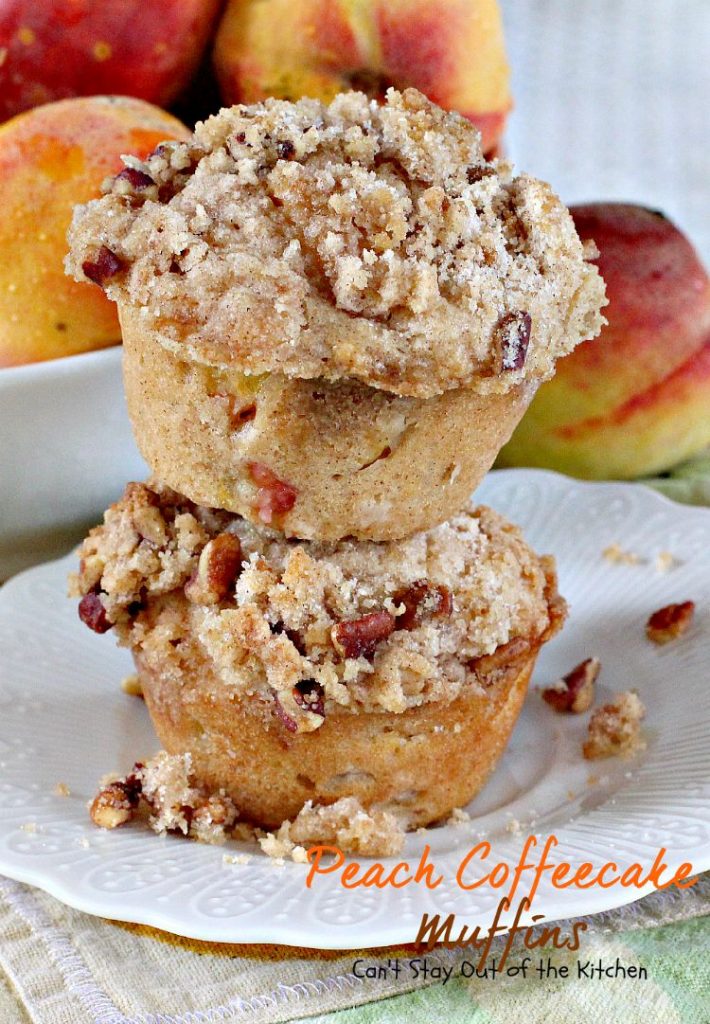 Peach Coffeecake Muffins | Can't Stay Out of the Kitchen | fabulous #breakfast #muffins are filled with #peaches and have a nutty streusel topping that's fantastic!