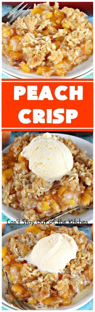 Peach Crisp | Can't Stay Out of the Kitchen | our company raved over this amazing #dessert. The streusel crust & topping is made with #coconut & it has an easy homemade #peach filling in the middle. It's the perfect dessert for summer #holidays, #BBQs & potlucks. #Father'sDay #FourthofJuly