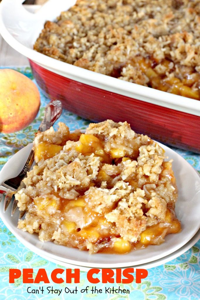 Peach Crisp | Can't Stay Out of the Kitchen | our company raved over this amazing #dessert. The streusel crust & topping is made with #coconut & it has an easy homemade #peach filling in the middle. It's the perfect dessert for summer #holidays, #BBQs & potlucks. #Father'sDay #FourthofJuly