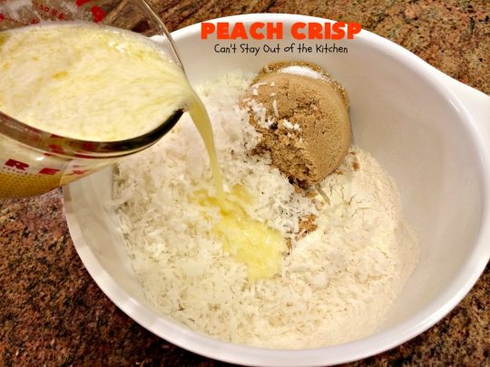 Peach Crisp | Can't Stay Out of the Kitchen | our company raved over this amazing #dessert. The streusel crust & topping is made with #coconut & it has an easy homemade #peach filling in the middle. It's the perfect dessert for summer #holidays, #BBQs & potlucks. #Father'sDay #FourthofJuly