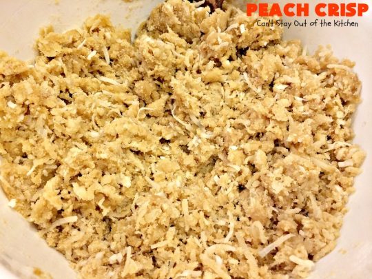 Peach Crisp | Can't Stay Out of the Kitchen | our company raved over this amazing #dessert. The streusel crust & topping is made with #coconut & it has an easy homemade #peach filling in the middle. It's the perfect dessert for summer #holidays, #BBQs & potlucks. #Father'sDay #FourthofJuly