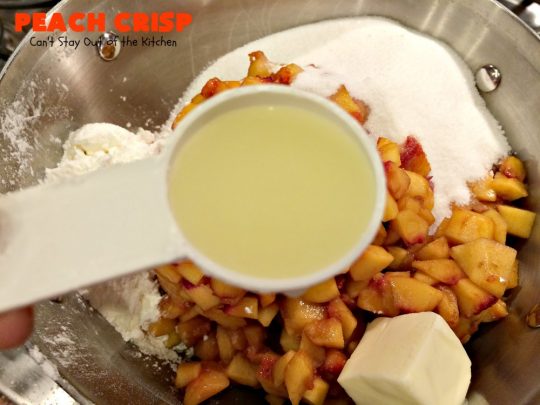 Peach Crisp | Can't Stay Out of the Kitchen | our company raved over this amazing #dessert. The streusel crust & topping is made with #coconut & it has an easy homemade #peach filling in the middle. It's the perfect dessert for summer #holidays, #BBQs & potlucks. #Father'sDay #FourthofJuly
