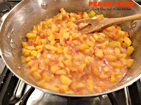 Peach Crisp | Can't Stay Out of the Kitchen | our company raved over this amazing #dessert. The streusel crust & topping is made with #coconut & it has an easy homemade #peach filling in the middle. It's the perfect dessert for summer #holidays, #BBQs & potlucks. #Father'sDay #FourthofJuly