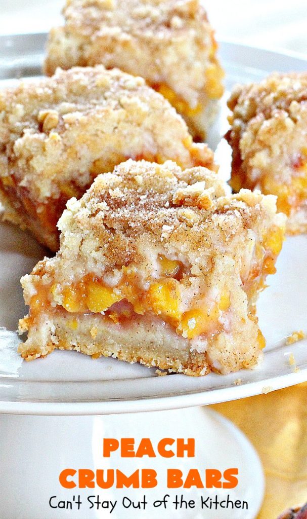 Peach Crumb Bars | Can't Stay Out of the Kitchen | these fabulous #dessert bars are some of the best with #peaches I've ever eaten. The #streusel topping with #cinnamon sugar just melts in your mouth. We loved these #cookies.