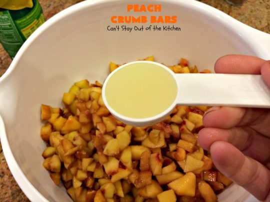 Peach Crumb Bars | Can't Stay Out of the Kitchen | these fabulous #dessert bars are some of the best with #peaches I've ever eaten. The #streusel topping with #cinnamon sugar just melts in your mouth. We loved these #cookies.