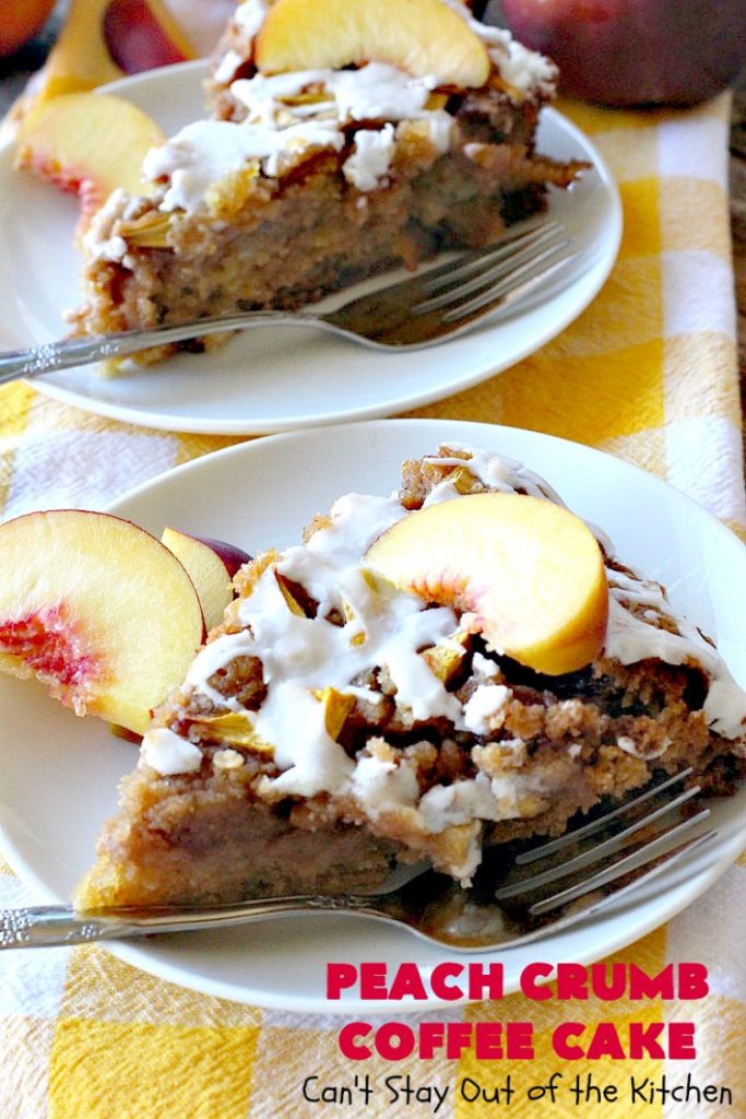Peach Crumb Coffee Cake | Can't Stay Out of the Kitchen | this scrumptious coffee #cake is filled with #peaches, has a #cinnamon & brown sugar streusel, then it's glazed with powdered sugar icing. It's terrific either as a #breakfast #coffeecake for #holidays like #Thanksgiving or #Christmas or serve as a #dessert. #peachcake #peachdessert #CANbassador #WashingtonStateFruitCommission #WashingtonStateStoneFruitGrowers
