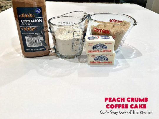 Peach Crumb Coffee Cake | Can't Stay Out of the Kitchen | this scrumptious coffee #cake is filled with #peaches, has a #cinnamon & brown sugar streusel, then it's glazed with powdered sugar icing. It's terrific either as a #breakfast #coffeecake for #holidays like #Thanksgiving or #Christmas or serve as a #dessert. #peachcake #peachdessert #CANbassador #WashingtonStateFruitCommission #WashingtonStateStoneFruitGrowers
