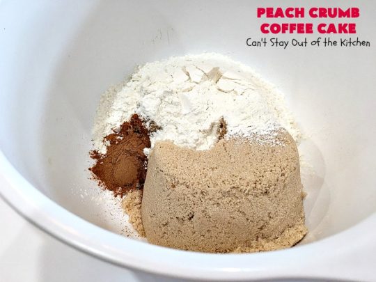 Peach Crumb Coffee Cake | Can't Stay Out of the Kitchen | this scrumptious coffee #cake is filled with #peaches, has a #cinnamon & brown sugar streusel, then it's glazed with powdered sugar icing. It's terrific either as a #breakfast #coffeecake for #holidays like #Thanksgiving or #Christmas or serve as a #dessert. #peachcake #peachdessert #CANbassador #WashingtonStateFruitCommission #WashingtonStateStoneFruitGrowers