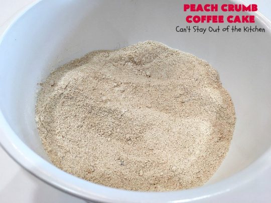 Peach Crumb Coffee Cake | Can't Stay Out of the Kitchen | this scrumptious coffee #cake is filled with #peaches, has a #cinnamon & brown sugar streusel, then it's glazed with powdered sugar icing. It's terrific either as a #breakfast #coffeecake for #holidays like #Thanksgiving or #Christmas or serve as a #dessert. #peachcake #peachdessert #CANbassador #WashingtonStateFruitCommission #WashingtonStateStoneFruitGrowers