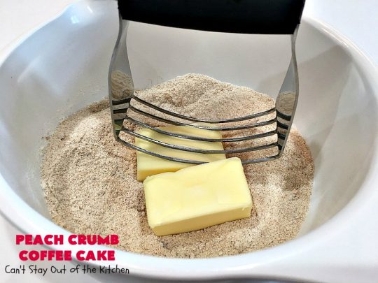 Peach Crumb Coffee Cake | Can't Stay Out of the Kitchen | this scrumptious coffee #cake is filled with #peaches, has a #cinnamon & brown sugar streusel, then it's glazed with powdered sugar icing. It's terrific either as a #breakfast #coffeecake for #holidays like #Thanksgiving or #Christmas or serve as a #dessert. #peachcake #peachdessert #CANbassador #WashingtonStateFruitCommission #WashingtonStateStoneFruitGrowers