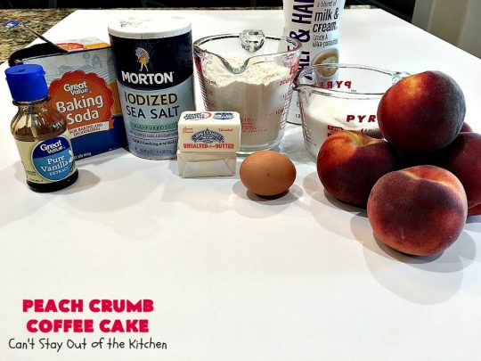 Peach Crumb Coffee Cake | Can't Stay Out of the Kitchen | this scrumptious coffee #cake is filled with #peaches, has a #cinnamon & brown sugar streusel, then it's glazed with powdered sugar icing. It's terrific either as a #breakfast #coffeecake for #holidays like #Thanksgiving or #Christmas or serve as a #dessert. #peachcake #peachdessert #CANbassador #WashingtonStateFruitCommission #WashingtonStateStoneFruitGrowers