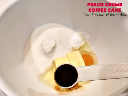 Peach Crumb Coffee Cake | Can't Stay Out of the Kitchen | this scrumptious coffee #cake is filled with #peaches, has a #cinnamon & brown sugar streusel, then it's glazed with powdered sugar icing. It's terrific either as a #breakfast #coffeecake for #holidays like #Thanksgiving or #Christmas or serve as a #dessert. #peachcake #peachdessert #CANbassador #WashingtonStateFruitCommission #WashingtonStateStoneFruitGrowers