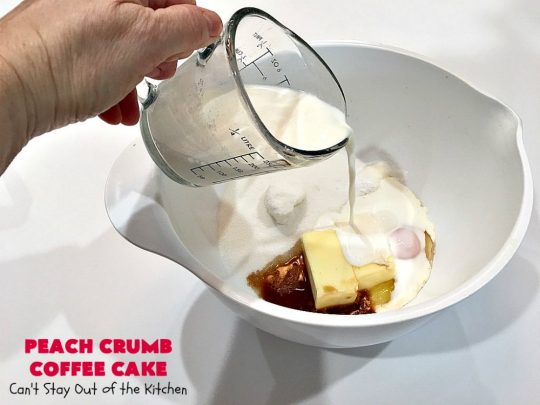 Peach Crumb Coffee Cake | Can't Stay Out of the Kitchen | this scrumptious coffee #cake is filled with #peaches, has a #cinnamon & brown sugar streusel, then it's glazed with powdered sugar icing. It's terrific either as a #breakfast #coffeecake for #holidays like #Thanksgiving or #Christmas or serve as a #dessert. #peachcake #peachdessert #CANbassador #WashingtonStateFruitCommission #WashingtonStateStoneFruitGrowers