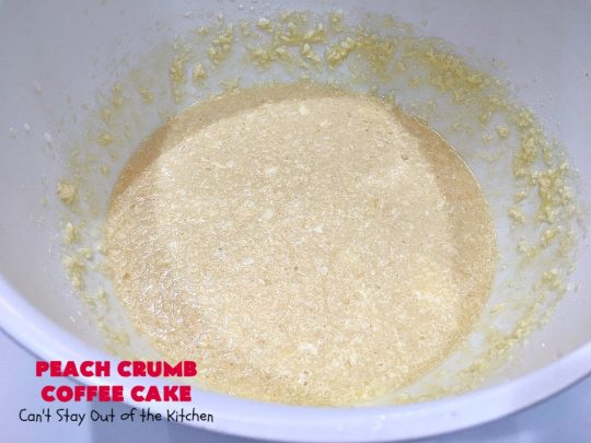 Peach Crumb Coffee Cake | Can't Stay Out of the Kitchen | this scrumptious coffee #cake is filled with #peaches, has a #cinnamon & brown sugar streusel, then it's glazed with powdered sugar icing. It's terrific either as a #breakfast #coffeecake for #holidays like #Thanksgiving or #Christmas or serve as a #dessert. #peachcake #peachdessert #CANbassador #WashingtonStateFruitCommission #WashingtonStateStoneFruitGrowers