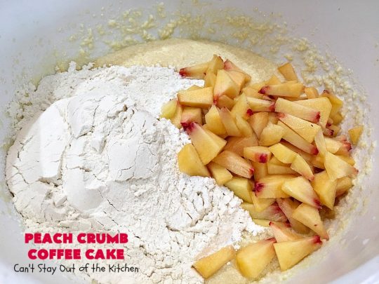 Peach Crumb Coffee Cake | Can't Stay Out of the Kitchen | this scrumptious coffee #cake is filled with #peaches, has a #cinnamon & brown sugar streusel, then it's glazed with powdered sugar icing. It's terrific either as a #breakfast #coffeecake for #holidays like #Thanksgiving or #Christmas or serve as a #dessert. #peachcake #peachdessert #CANbassador #WashingtonStateFruitCommission #WashingtonStateStoneFruitGrowers