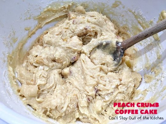 Peach Crumb Coffee Cake | Can't Stay Out of the Kitchen | this scrumptious coffee #cake is filled with #peaches, has a #cinnamon & brown sugar streusel, then it's glazed with powdered sugar icing. It's terrific either as a #breakfast #coffeecake for #holidays like #Thanksgiving or #Christmas or serve as a #dessert. #peachcake #peachdessert #CANbassador #WashingtonStateFruitCommission #WashingtonStateStoneFruitGrowers