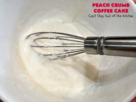 Peach Crumb Coffee Cake | Can't Stay Out of the Kitchen | this scrumptious coffee #cake is filled with #peaches, has a #cinnamon & brown sugar streusel, then it's glazed with powdered sugar icing. It's terrific either as a #breakfast #coffeecake for #holidays like #Thanksgiving or #Christmas or serve as a #dessert. #peachcake #peachdessert #CANbassador #WashingtonStateFruitCommission #WashingtonStateStoneFruitGrowers