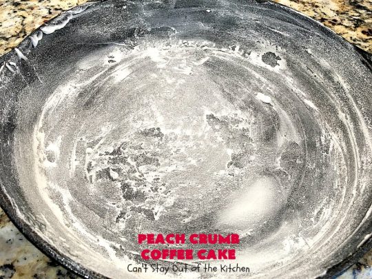 Peach Crumb Coffee Cake | Can't Stay Out of the Kitchen | this scrumptious coffee #cake is filled with #peaches, has a #cinnamon & brown sugar streusel, then it's glazed with powdered sugar icing. It's terrific either as a #breakfast #coffeecake for #holidays like #Thanksgiving or #Christmas or serve as a #dessert. #peachcake #peachdessert #CANbassador #WashingtonStateFruitCommission #WashingtonStateStoneFruitGrowers