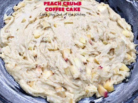 Peach Crumb Coffee Cake | Can't Stay Out of the Kitchen | this scrumptious coffee #cake is filled with #peaches, has a #cinnamon & brown sugar streusel, then it's glazed with powdered sugar icing. It's terrific either as a #breakfast #coffeecake for #holidays like #Thanksgiving or #Christmas or serve as a #dessert. #peachcake #peachdessert #CANbassador #WashingtonStateFruitCommission #WashingtonStateStoneFruitGrowers