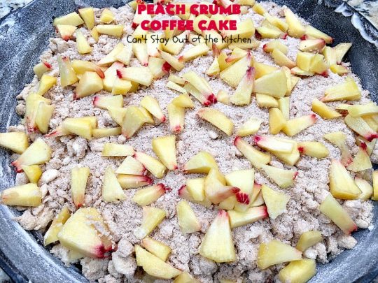 Peach Crumb Coffee Cake | Can't Stay Out of the Kitchen | this scrumptious coffee #cake is filled with #peaches, has a #cinnamon & brown sugar streusel, then it's glazed with powdered sugar icing. It's terrific either as a #breakfast #coffeecake for #holidays like #Thanksgiving or #Christmas or serve as a #dessert. #peachcake #peachdessert #CANbassador #WashingtonStateFruitCommission #WashingtonStateStoneFruitGrowers