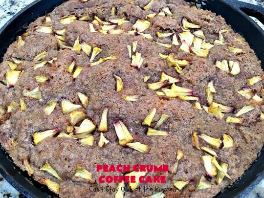 Peach Crumb Coffee Cake | Can't Stay Out of the Kitchen | this scrumptious coffee #cake is filled with #peaches, has a #cinnamon & brown sugar streusel, then it's glazed with powdered sugar icing. It's terrific either as a #breakfast #coffeecake for #holidays like #Thanksgiving or #Christmas or serve as a #dessert. #peachcake #peachdessert #CANbassador #WashingtonStateFruitCommission #WashingtonStateStoneFruitGrowers