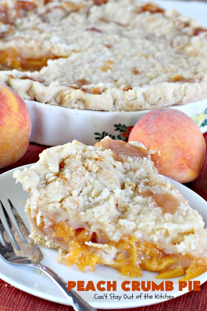 Peach Crumb Pie | Can't Stay Out of the Kitchen | my Mom's fabulous #peachpie recipe with a sweet crumb topping. Perfect #dessert for summer when #peaches are in season. #pie