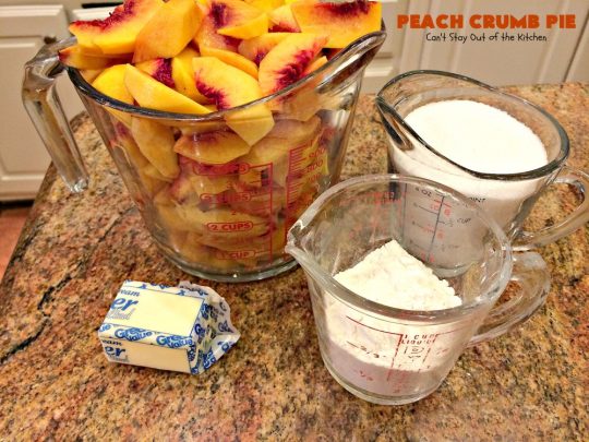 Peach Crumb Pie | Can't Stay Out of the Kitchen | my Mom's fabulous #peachpie recipe with a sweet crumb topping. Perfect #dessert for summer when #peaches are in season. #pie