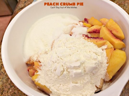 Peach Crumb Pie | Can't Stay Out of the Kitchen | my Mom's fabulous #peachpie recipe with a sweet crumb topping. Perfect #dessert for summer when #peaches are in season. #pie
