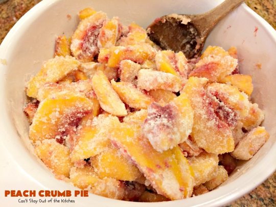 Peach Crumb Pie | Can't Stay Out of the Kitchen | my Mom's fabulous #peachpie recipe with a sweet crumb topping. Perfect #dessert for summer when #peaches are in season. #pie