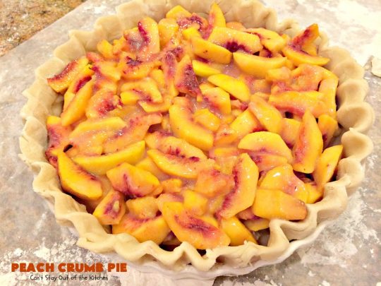 Peach Crumb Pie | Can't Stay Out of the Kitchen | my Mom's fabulous #peachpie recipe with a sweet crumb topping. Perfect #dessert for summer when #peaches are in season. #pie