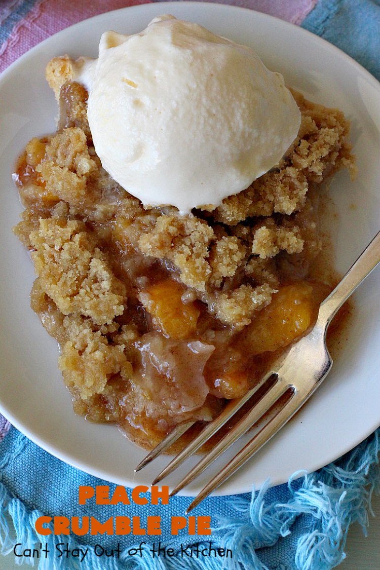 Peach Crumble Pie | Can't Stay Out of the Kitchen | this scrumptious #PeachPie is so quick & easy to make. It's a delicious way to enjoy fresh #peaches while they're still in season. This great #dessert will have you drooling from the first bite. #PeachDessert #Pie #PeachCrumblePie #Canbassador #WashingtonStateFruitCommission #WashingtonStoneFruitGrowers #WashingtonStateStoneFruitGrowers