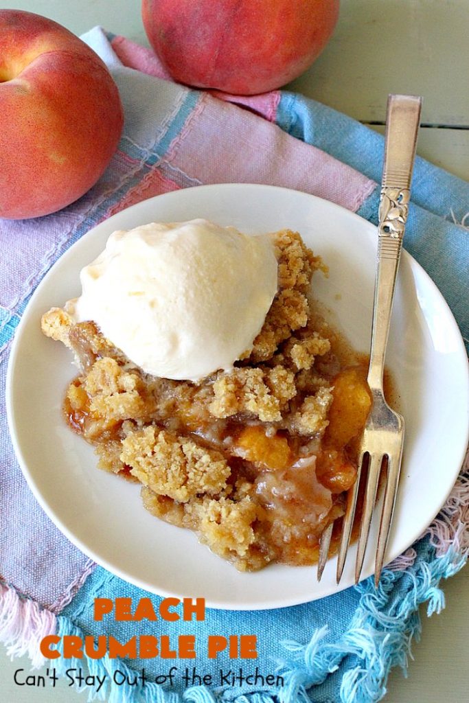 Peach Crumble Pie | Can't Stay Out of the Kitchen | this scrumptious #PeachPie is so quick & easy to make. It's a delicious way to enjoy fresh #peaches while they're still in season. This great #dessert will have you drooling from the first bite. #PeachDessert #Pie #PeachCrumblePie #Canbassador #WashingtonStateFruitCommission #WashingtonStoneFruitGrowers #WashingtonStateStoneFruitGrowers