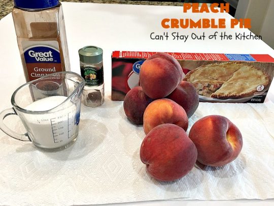 Peach Crumble Pie | Can't Stay Out of the Kitchen | this scrumptious #PeachPie is so quick & easy to make. It's a delicious way to enjoy fresh #peaches while they're still in season. This great #dessert will have you drooling from the first bite. #PeachDessert #Pie #PeachCrumblePie #Canbassador #WashingtonStateFruitCommission #WashingtonStoneFruitGrowers #WashingtonStateStoneFruitGrowers
