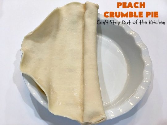 Peach Crumble Pie | Can't Stay Out of the Kitchen | this scrumptious #PeachPie is so quick & easy to make. It's a delicious way to enjoy fresh #peaches while they're still in season. This great #dessert will have you drooling from the first bite. #PeachDessert #Pie #PeachCrumblePie #Canbassador #WashingtonStateFruitCommission #WashingtonStoneFruitGrowers #WashingtonStateStoneFruitGrowers