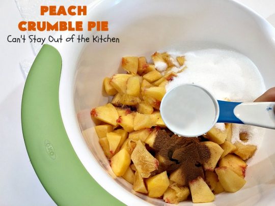 Peach Crumble Pie | Can't Stay Out of the Kitchen | this scrumptious #PeachPie is so quick & easy to make. It's a delicious way to enjoy fresh #peaches while they're still in season. This great #dessert will have you drooling from the first bite. #PeachDessert #Pie #PeachCrumblePie #Canbassador #WashingtonStateFruitCommission #WashingtonStoneFruitGrowers #WashingtonStateStoneFruitGrowers