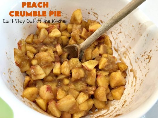 Peach Crumble Pie | Can't Stay Out of the Kitchen | this scrumptious #PeachPie is so quick & easy to make. It's a delicious way to enjoy fresh #peaches while they're still in season. This great #dessert will have you drooling from the first bite. #PeachDessert #Pie #PeachCrumblePie #Canbassador #WashingtonStateFruitCommission #WashingtonStoneFruitGrowers #WashingtonStateStoneFruitGrowers