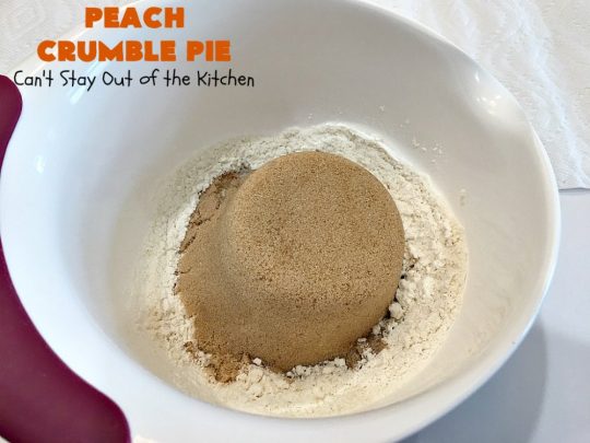 Peach Crumble Pie | Can't Stay Out of the Kitchen | this scrumptious #PeachPie is so quick & easy to make. It's a delicious way to enjoy fresh #peaches while they're still in season. This great #dessert will have you drooling from the first bite. #PeachDessert #Pie #PeachCrumblePie #Canbassador #WashingtonStateFruitCommission #WashingtonStoneFruitGrowers #WashingtonStateStoneFruitGrowers