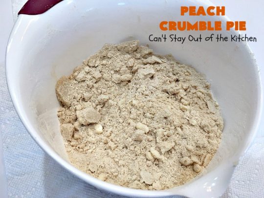 Peach Crumble Pie | Can't Stay Out of the Kitchen | this scrumptious #PeachPie is so quick & easy to make. It's a delicious way to enjoy fresh #peaches while they're still in season. This great #dessert will have you drooling from the first bite. #PeachDessert #Pie #PeachCrumblePie #Canbassador #WashingtonStateFruitCommission #WashingtonStoneFruitGrowers #WashingtonStateStoneFruitGrowers