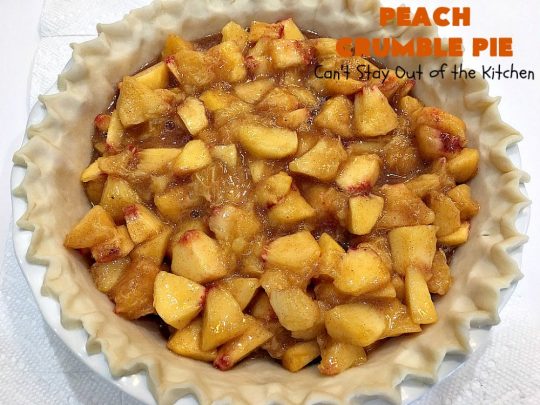Peach Crumble Pie | Can't Stay Out of the Kitchen | this scrumptious #PeachPie is so quick & easy to make. It's a delicious way to enjoy fresh #peaches while they're still in season. This great #dessert will have you drooling from the first bite. #PeachDessert #Pie #PeachCrumblePie #Canbassador #WashingtonStateFruitCommission #WashingtonStoneFruitGrowers #WashingtonStateStoneFruitGrowers