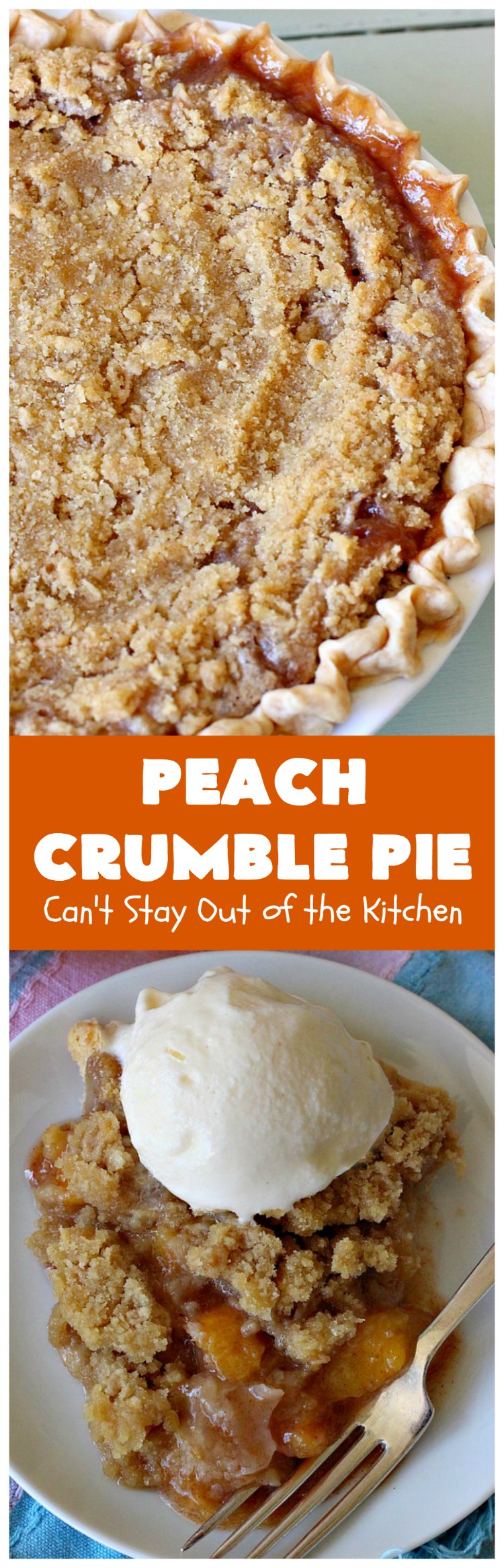 Peach Crumble Pie | Can't Stay Out of the Kitchen | this scrumptious #PeachPie is so quick & easy to make. It's a delicious way to enjoy fresh #peaches while they're still in season. This great #dessert will have you drooling from the first bite. #PeachDessert #Pie #PeachCrumblePie #Canbassador #WashingtonStateFruitCommission #WashingtonStoneFruitGrowers #WashingtonStateStoneFruitGrowers