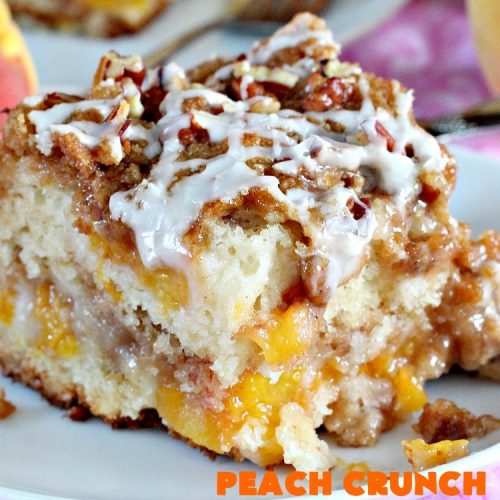 Peach Crunch Coffee Cake | Can't Stay Out of the Kitchen | this fabulous #dessert is layered with #peaches & a streusel topping. Then it's glazed with a powdered sugar icing. It's absolutely mouthwatering & terrific for company or #holiday dinners or #breakfast! #cake #coffeecake
