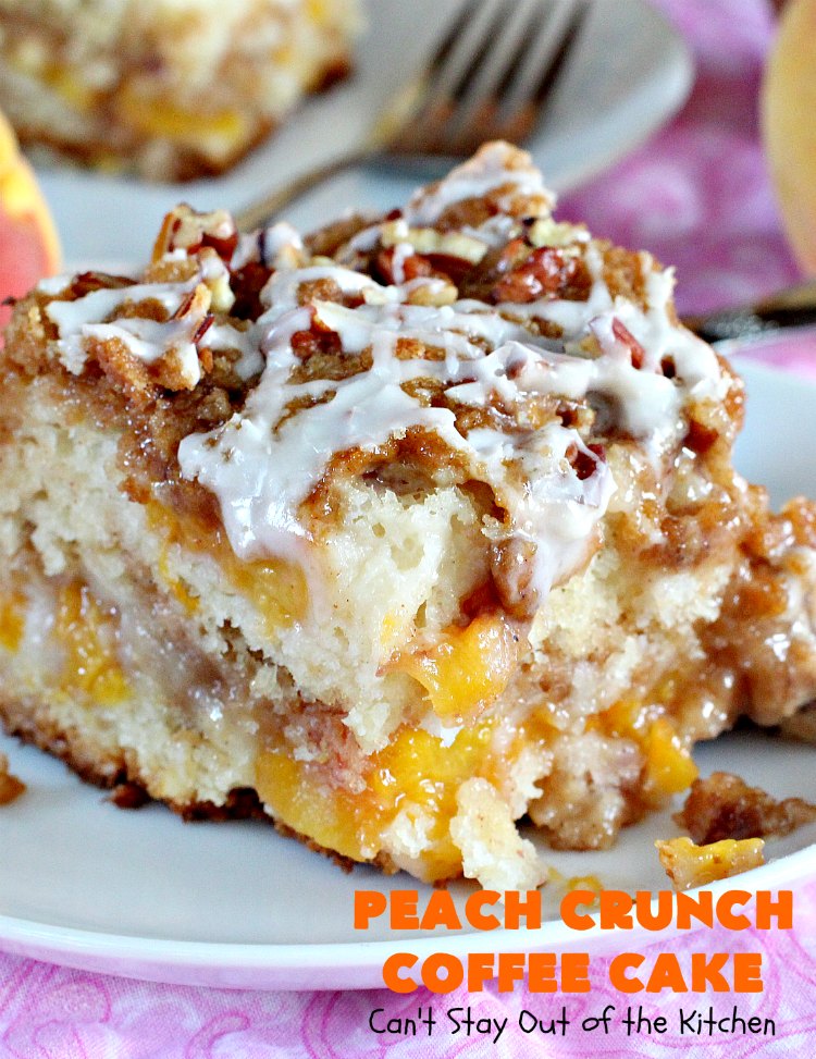 Peach Crunch Coffee Cake | Can't Stay Out of the Kitchen | this fabulous #dessert is layered with #peaches & a streusel topping. Then it's glazed with a powdered sugar icing. It's absolutely mouthwatering & terrific for company or #holiday dinners or #breakfast! #cake #coffeecake