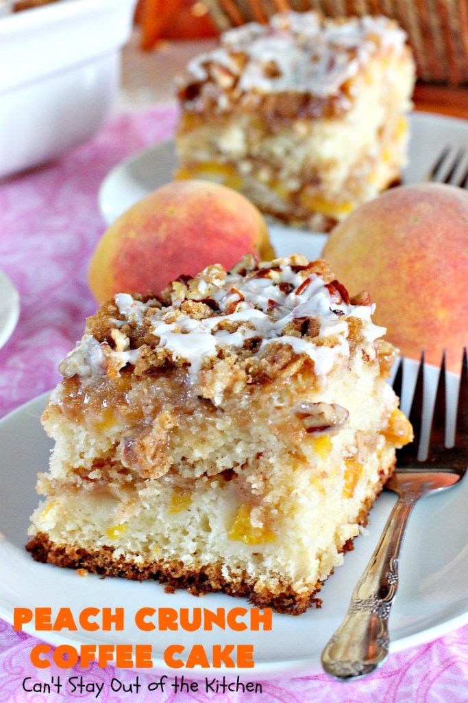 Peach Crunch Coffee Cake | Can't Stay Out of the Kitchen | this fabulous #dessert is layered with #peaches & a streusel topping. Then it's glazed with a powdered sugar icing. It's absolutely mouthwatering & terrific for company or #holiday dinners or #breakfast! #cake #coffeecake