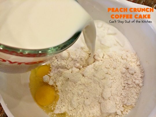 Peach Crunch Coffee Cake | Can't Stay Out of the Kitchen | this fabulous #dessert is layered with #peaches & a streusel topping. Then it's glazed with a powdered sugar icing. It's absolutely mouthwatering & terrific for company or #holiday dinners or #breakfast! #cake #coffeecake