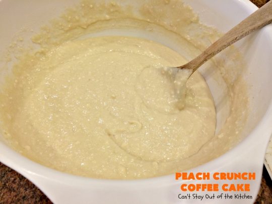 Peach Crunch Coffee Cake | Can't Stay Out of the Kitchen | this fabulous #dessert is layered with #peaches & a streusel topping. Then it's glazed with a powdered sugar icing. It's absolutely mouthwatering & terrific for company or #holiday dinners or #breakfast! #cake #coffeecake