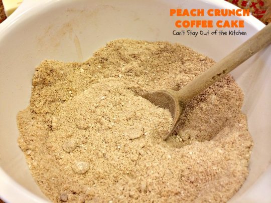 Peach Crunch Coffee Cake | Can't Stay Out of the Kitchen | this fabulous #dessert is layered with #peaches & a streusel topping. Then it's glazed with a powdered sugar icing. It's absolutely mouthwatering & terrific for company or #holiday dinners or #breakfast! #cake #coffeecake